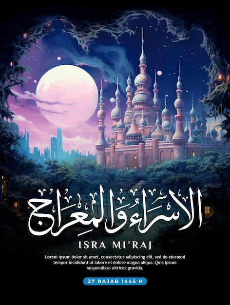 PSD modèle d'affiche isra miraj avec des mosquées et des chameaux peintures saines dans le style