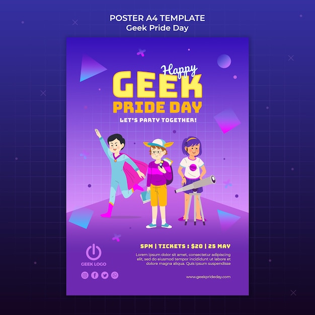 PSD modèle d'affiche de la journée de la fierté geek avec les gens et leurs passe-temps