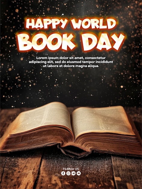 Modèle D'affiche De La Journée Mondiale Du Livre Avec Un Livre Antique Ouvert Sur Une Table En Bois Recouverte De Paillettes