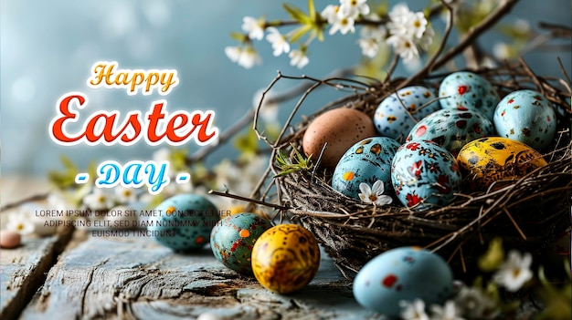 modèle d'affiche de joyeux jour de Pâques avec un fond d'œufs et de lapins colorés dans le pré