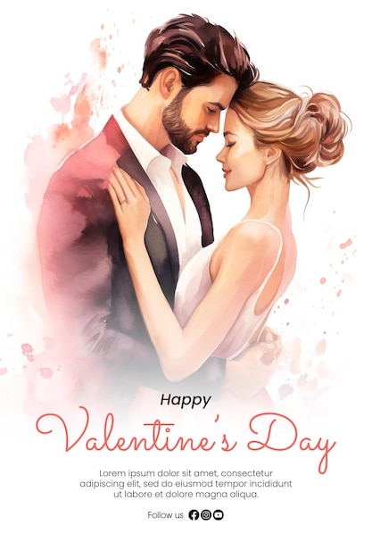 PSD modèle d'affiche de joyeux jour de la saint-valentin avec couple romantique en arrière-plan de style aquarelle