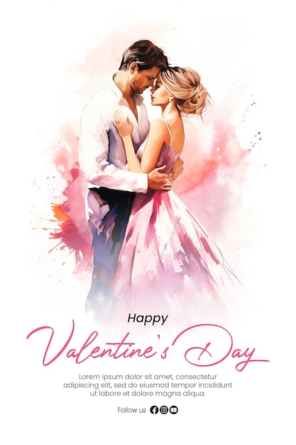 Modèle D'affiche De Joyeux Jour De La Saint-valentin Avec Couple Romantique En Arrière-plan De Style Aquarelle