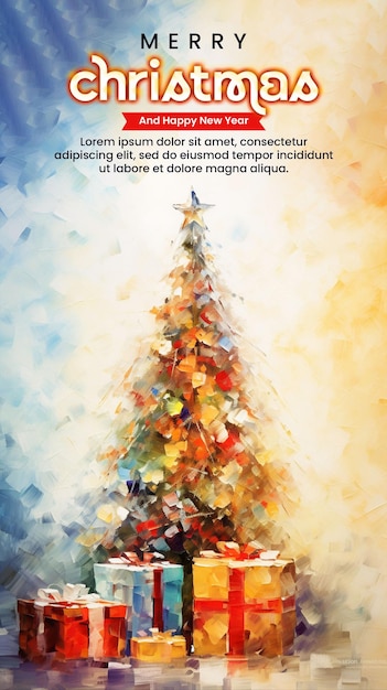 PSD modèle d'affiche de joyeux noël avec arbre de fond de joyeux noël et boîte à cadeaux de couleur d'eau