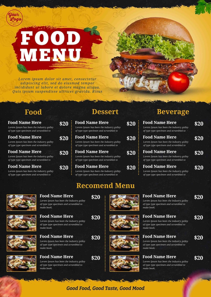 PSD modèle d'affiche de menu alimentaire jaune noir