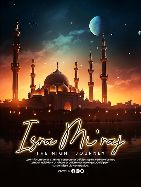 Modèle D'affiche Miraj Isra Avec Une écran Nocturne De Style Fantastique De Mosquée Et De Chameaux