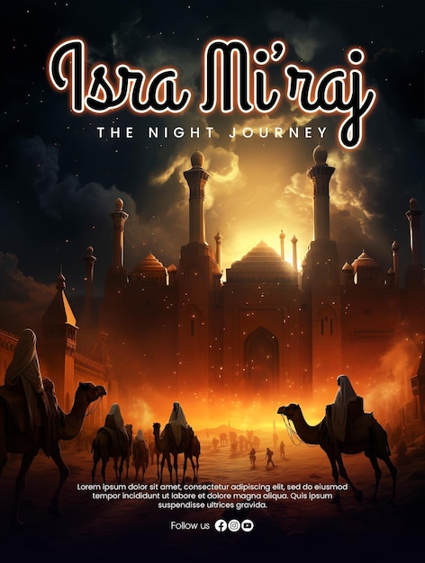 PSD modèle d'affiche miraj isra avec une écran nocturne de style fantastique de mosquée et de chameaux