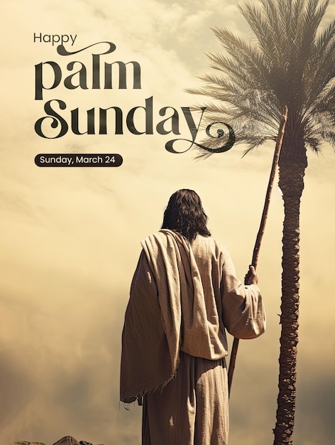 PSD modèle d'affiche de palmier du dimanche avec le dos de jésus tenant un bâton regardant le palmier.