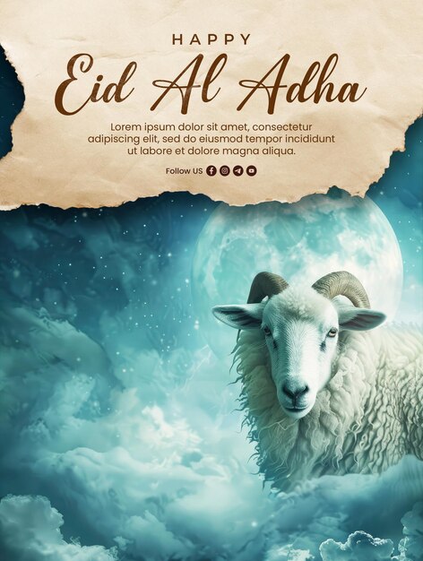 PSD modèle d'affiche pour une bonne fête d'eid al-adha avec une chèvre et des moutons sur fond islamique avec des nuages