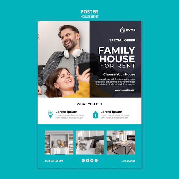 PSD modèle d'affiche pour la location d'une maison familiale