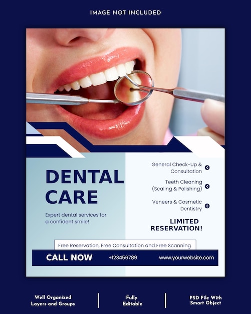 Modèle d'affiche pour les médias sociaux sur les dentistes et les soins dentaires