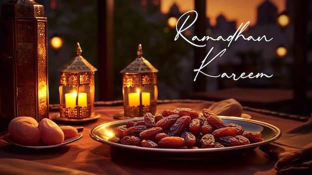 Modèle d'affiche PSD Ramadan Kareem avec une assiette de dattes et une bougie sur un fond sombre.