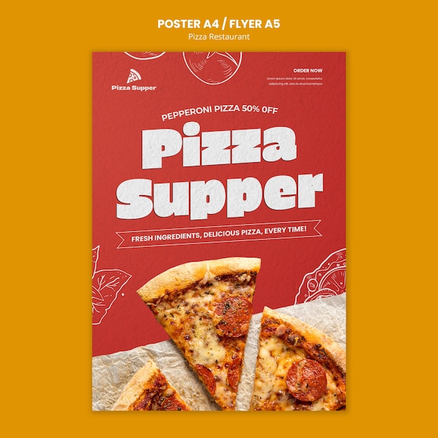 Modèle d'affiche de restaurant de pizza dessiné à la main