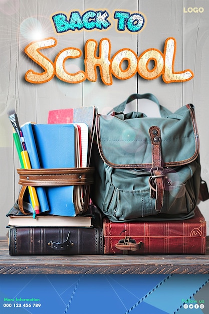 PSD modèle d'affiche de retour à l'école avec fond de sac scolaire