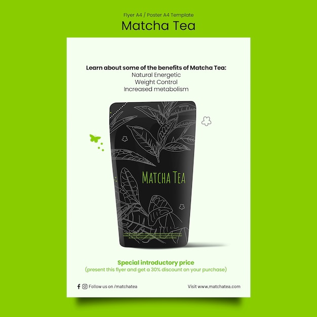 PSD modèle d'affiche de thé matcha dessiné à la main