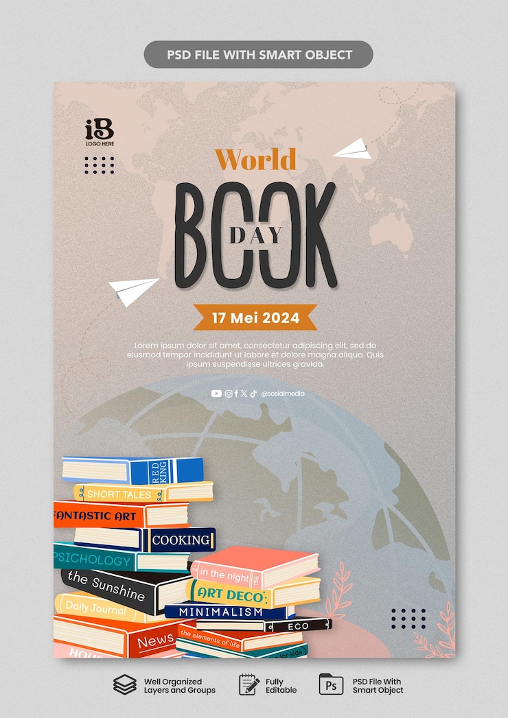PSD modèle d'affiche verticale plate pour la célébration de la journée mondiale du livre