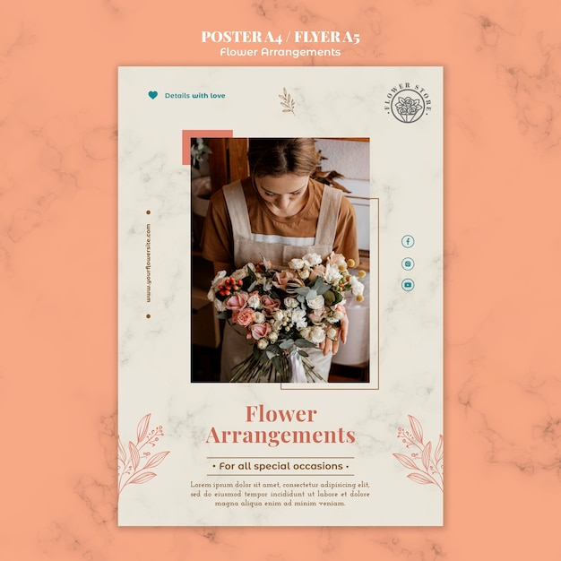 Modèle d'affiche verticale pour la boutique d'arrangements floraux