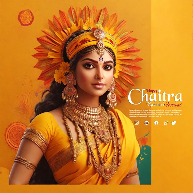 PSD modèle de bannière d'accueil religieuse indienne de la fête joyeuse de chaitra navratri avec un gradient jaune