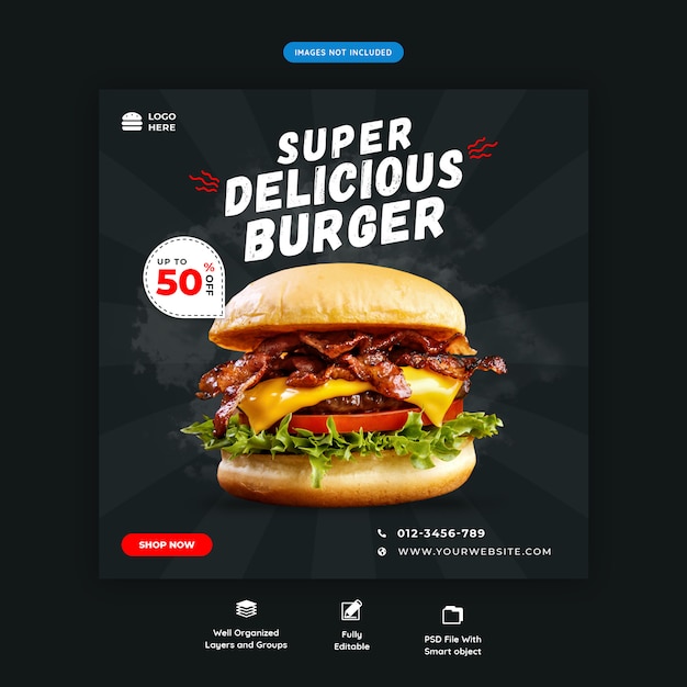 Modèle de bannière carrée de restauration rapide burger de médias sociaux Premium PSD