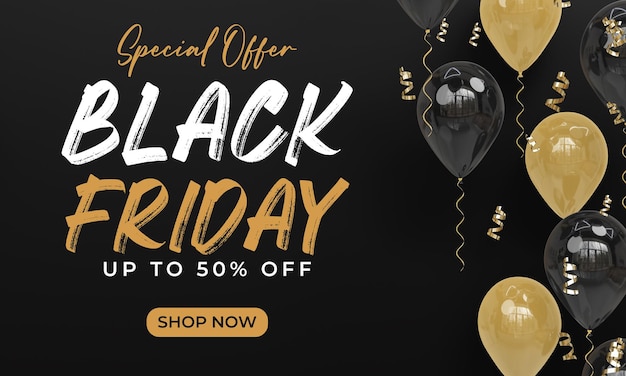 Modèle de bannière du Black Friday avec des ballons de rendu 3D