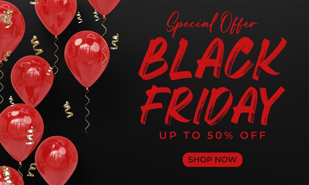 Modèle de bannière du Black Friday avec des ballons de rendu 3D