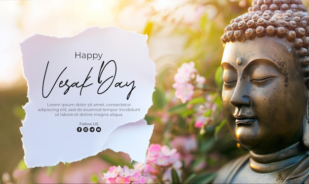 PSD modèle de bannière du jour du vesak heureux avec une statue de bouddha à l'arrière-plan fleurs floues et ciel avec la lumière