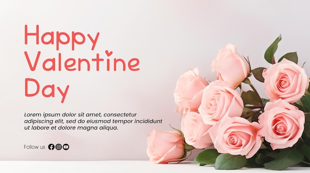 PSD modèle de bannière du jour de la saint-valentin avec un bouquet de roses en arrière-plan