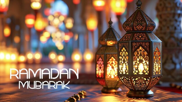 PSD modèle de bannière du ramadan mubarak avec des lampes islamiques traditionnelles et un fond élégant