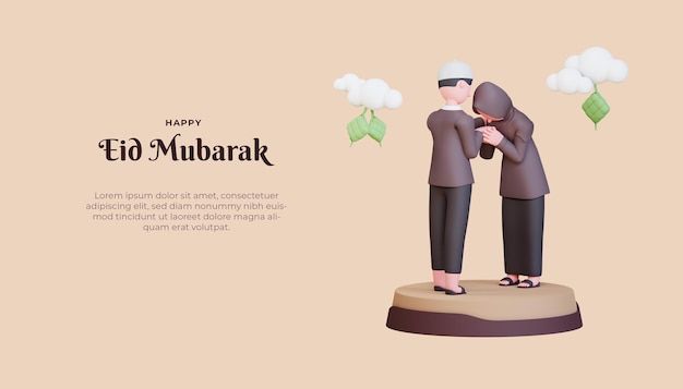Modèle de bannière Eid Mubarak avec couple musulman 3d se serrant la main