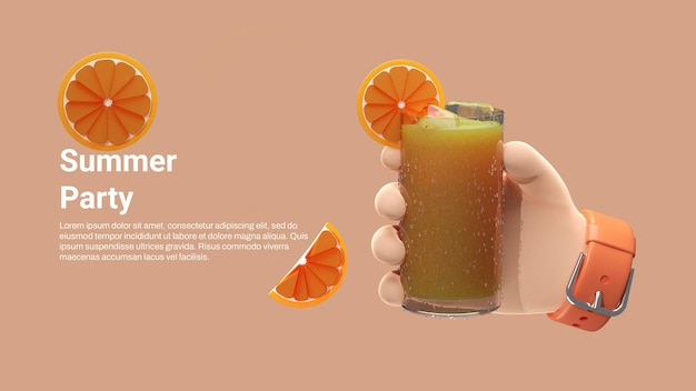 Modèle De Bannière D'été Avec Main 3d Tenant Du Jus D'orange