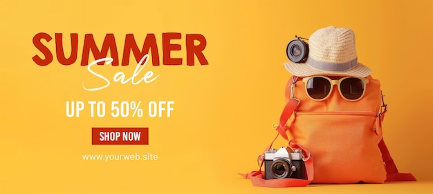 PSD modèle de bannière d'été avec sac de voyage orange lunettes de soleil chapeau caméra sur fond jaune pastel