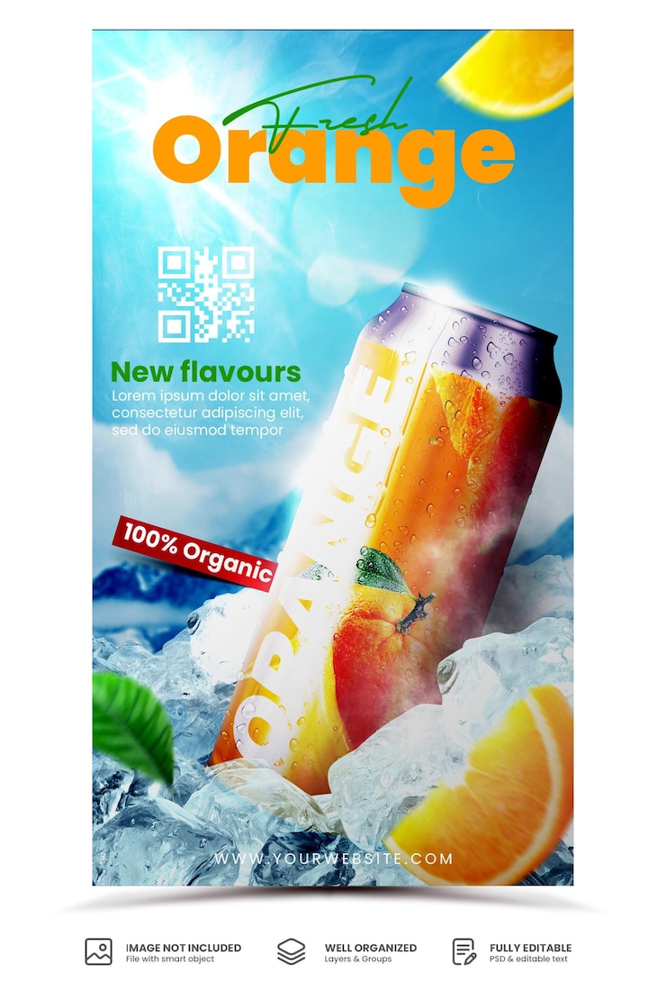 PSD modèle de bannière ou de flyer pour la promotion du jus d'orange biologique sur les médias sociaux
