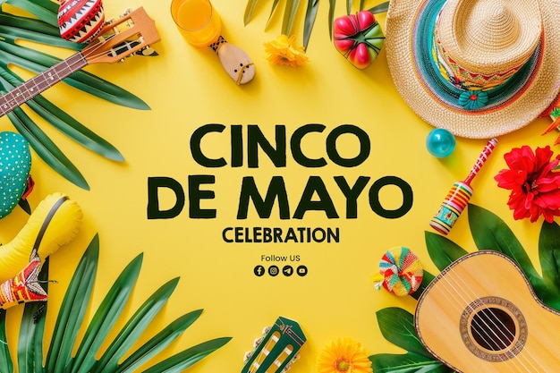PSD un modèle de bannière happy cinco de mayo avec des guitares de cactus mexicaines un chapeau de sombrero des maracas jaune vif