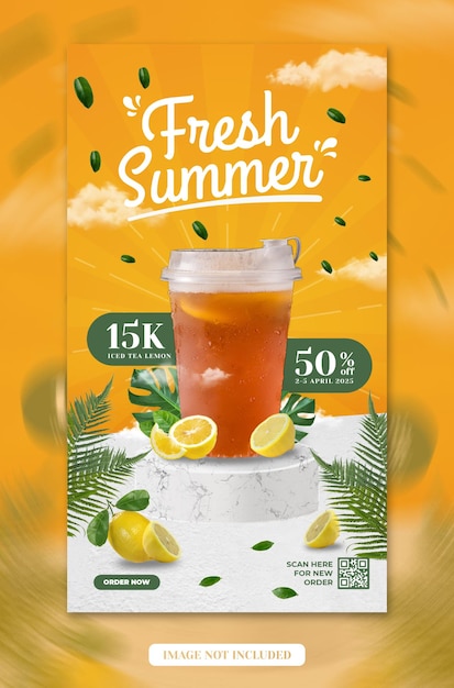 PSD modèle de bannière d'histoire instagram de médias sociaux de promotion de menu de boissons d'été psd