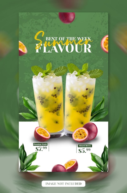 PSD modèle de bannière d'histoire instagram de médias sociaux de promotion de menu de boissons d'été psd