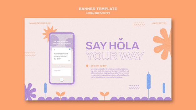PSD modèle de bannière horizontale de cours de langue étrangère dans un style floral
