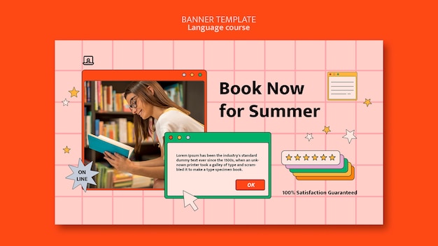 Modèle de bannière horizontale de cours de langue étrangère dans le style d'interface informatique
