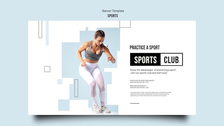 PSD modèle de bannière horizontale d'entraînement sportif avec des formes géométriques découpées