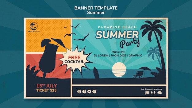 Modèle de bannière horizontale pour une fête sur la plage tropicale