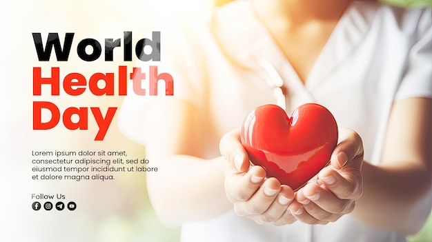 PSD modèle de bannière de la journée mondiale de la santé avec une jeune femme médecin ou infirmière les mains tenant un cœur