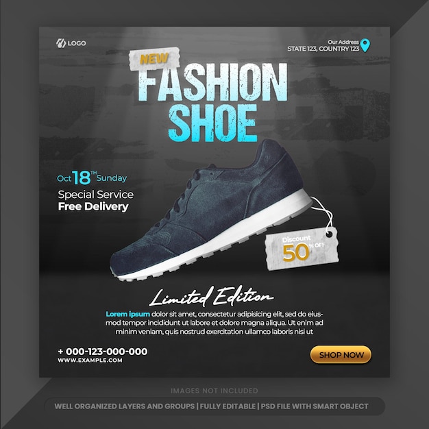 PSD modèle de bannière de marketing de chaussures post instagram de style grunge léger