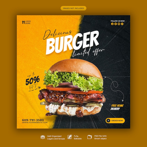 Modèle De Bannière De Médias Sociaux Délicieux Burger Et Menu Alimentaire