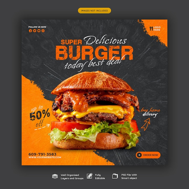 Modèle de bannière de médias sociaux délicieux burger et menu alimentaire
