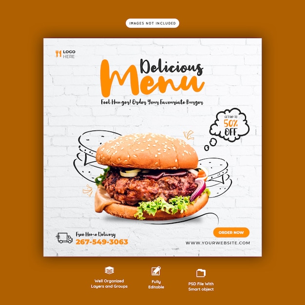 Modèle de bannière de médias sociaux délicieux burger et menu alimentaire