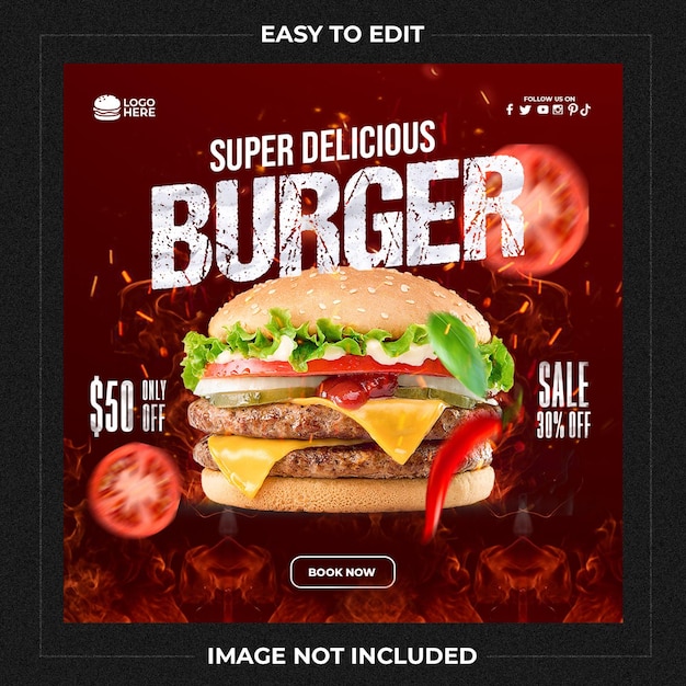 Modèle De Bannière De Médias Sociaux Délicieux Burger Et Menu Alimentaire