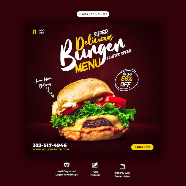 Modèle De Bannière De Médias Sociaux Délicieux Menu Burger Et Nourriture