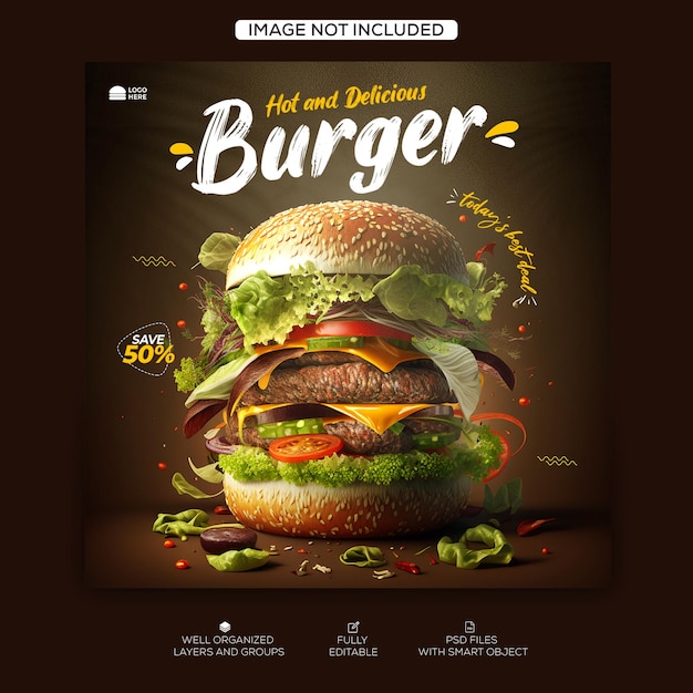 PSD modèle de bannière de médias sociaux du menu de hamburgers et de nourriture délicieux de psd