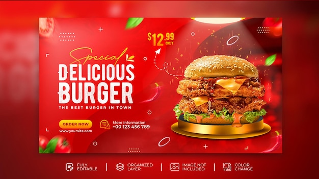 PSD modèle de bannière de médias sociaux de flyer de promotion de menu de nourriture de burger délicieux sur fond rouge psd