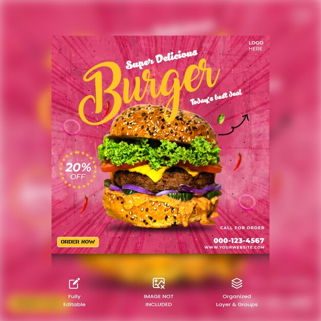 Modèle De Bannière De Médias Sociaux De Menu De Hamburger Et De Nourriture Super Délicieux