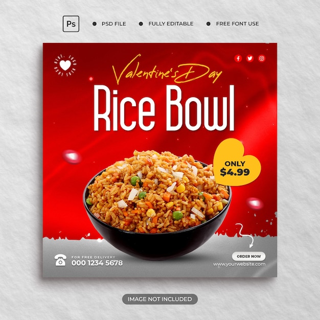 Modèle De Bannière De Médias Sociaux Pour Le Menu Alimentaire De La Saint-valentin Et Le Bol De Riz