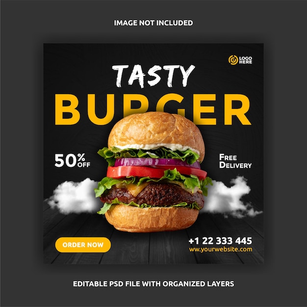 Modèle de bannière de médias sociaux de publication carrée de promotion de burger savoureux